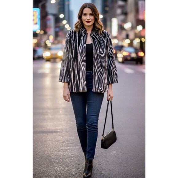 Women’s Zebra Print Faux Fur Jacket Retro Glam Party Night Out Mob Wife Sz 10 - Picture 2 of 10